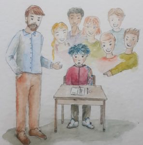 illustratie Praxie haat pesten, jongetje wordt uitgelachen door kinderen in de klas in de klas