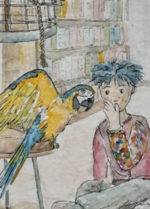 detail illustratie Praxie, jongetje fluistert in woonkamer zijn geheim tegen zijn vriend Youri de ara.