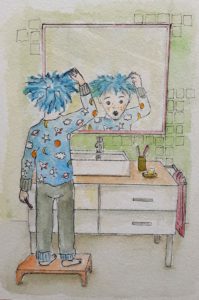 illustratie Praxie, jongetje in pyjama met blauw haar kijkt verschrikt naar zichzelf in de spiegel in de badkamer
