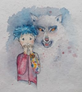 illustratie, aquarel voor kinderboek Praxie, jongetje kijkt angstig. Ziet in gedachte een wolf