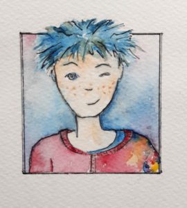 Praxie haat pesten. Illustratie, jongetje met blauw haar knipoogt.