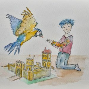 illustratie kinderboek Praxie haat pesten, jongetje speelt met lego met vriend Youri de papegaai. Ze bouwen een kasteel.