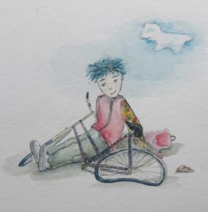 illustratie kinderboek over Praxie, jongetje is gevallen en ligt onder fiets