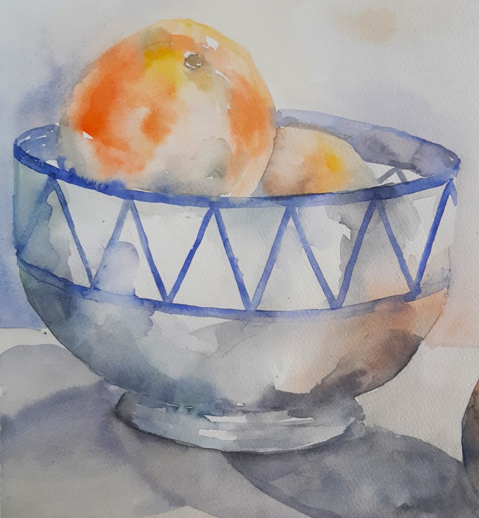 stilleven aquarel schaal met sinasappel
