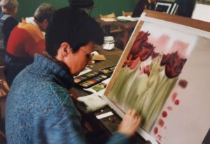 tekening van bloemen, tulpen uit cursus met zachte krijtsoorten, pastelkrijt