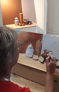 cursus acryl schilderen stilleven met kannetje, fles, fruit