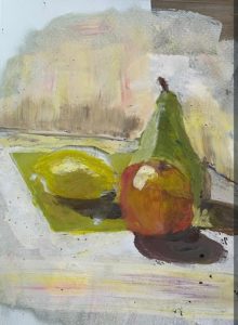 monoprint van fruit met acrylverf atelier eviart